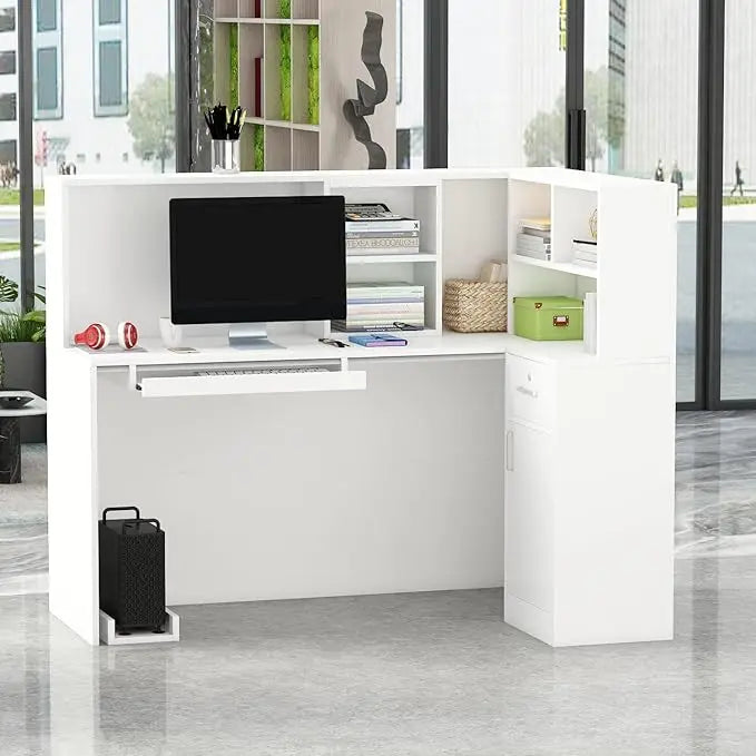 Reception Desk Reception Stations with Open Shelf & Drawers, L Shape Reception Table Wooden Computer Desk