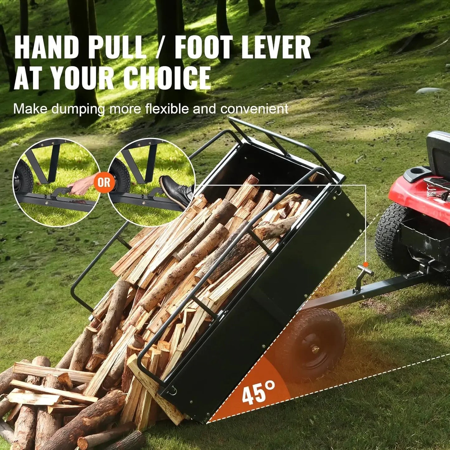 Heavy Duty ATV Trailer Steel Dump Cart, 750-Pound 15 Cubic Feet, Garden Utility Trailer with Removable Sides for Riding Lawn