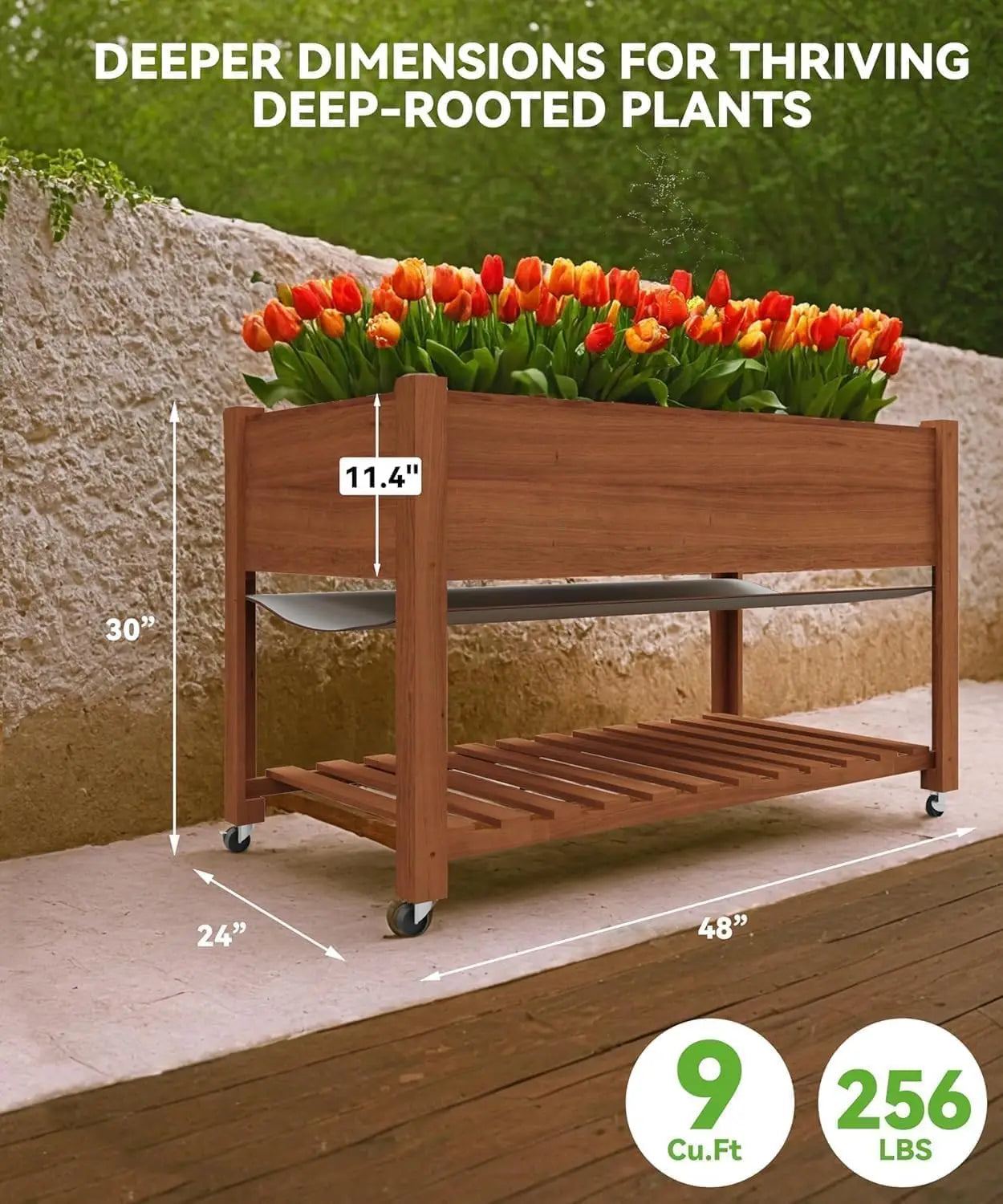 48x24x30inch Raised Garden Bed Mobile Elevated Wood Planter with Lockable Wheels Storage Shelf for Patio Deck Balcony Fruits