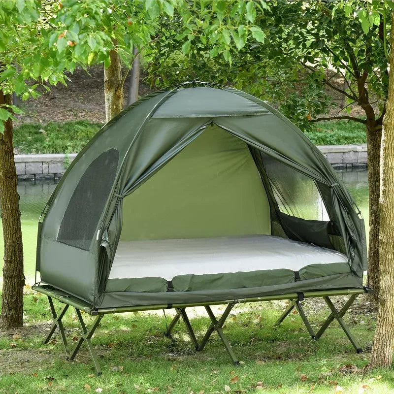 Outsunny 2 Person Foldable Camping Cot with Tent, Bedspread and Thick Air Mattress, 4-in-1 Elevated Camping Bed Tent