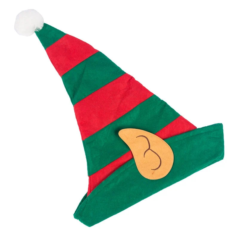 Red Green Striped Hat With White Pom Elf Ears Adults Soft Non-Woven Christmas Elf Hat For Most People Navidad Xmas Ornaments
