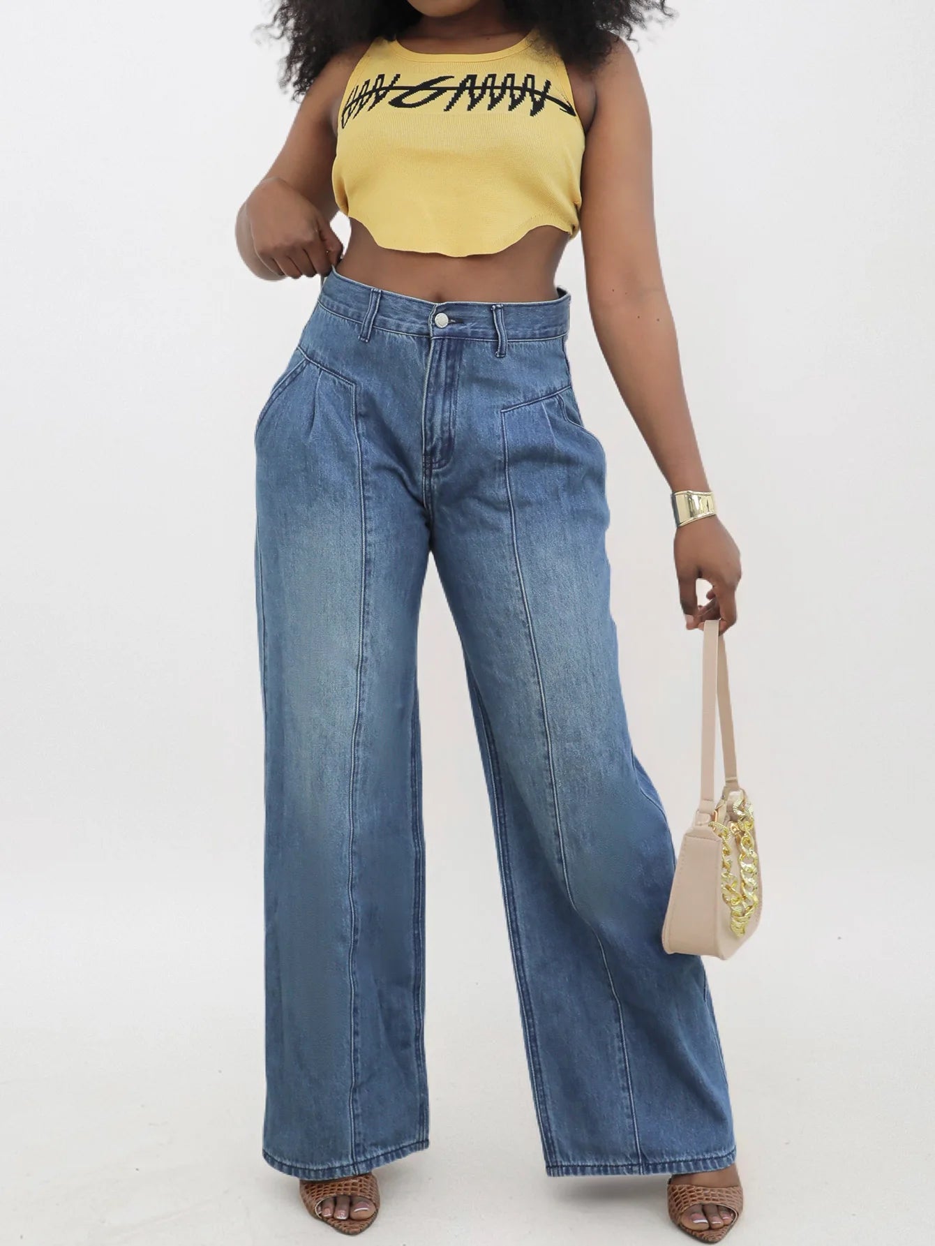 Women's High - Waisted Wide - Leg Denim Jeans | Light Blue Wash & Pleated Front