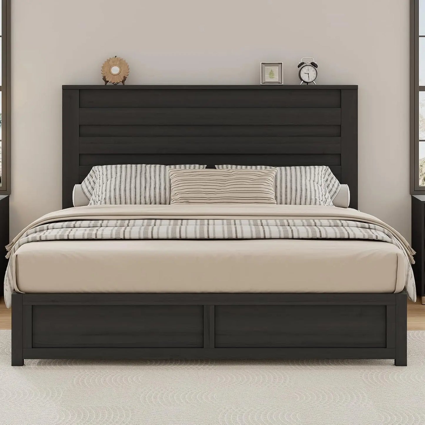 Queen Size Platform Bed Frame with 49" Headboard, Farmhouse Bed Frame with Wood Slat Support/No Box Spring Needed/Easy Assembly