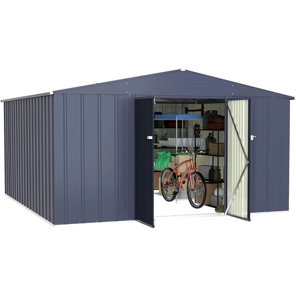 10' x 10' Outdoor Storage Shed with Thicken Galvanized Steel, Metal Shed with Lockable Doors, Lawn Tool Outdoor Shed