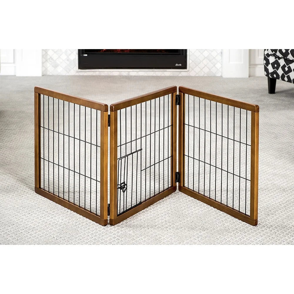 3 Panel Wooden Pet Gate Freestanding Dog Barrier with Small Door Adjustable Expandable Indoor Use Easy Setup Child Safety