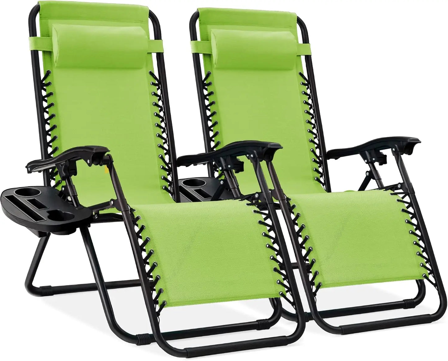 Set of 2 Adjustable Steel Mesh Zero Gravity Lounge Chair Recliners w/Pillows and Cup Holder Trays - Tan Striped