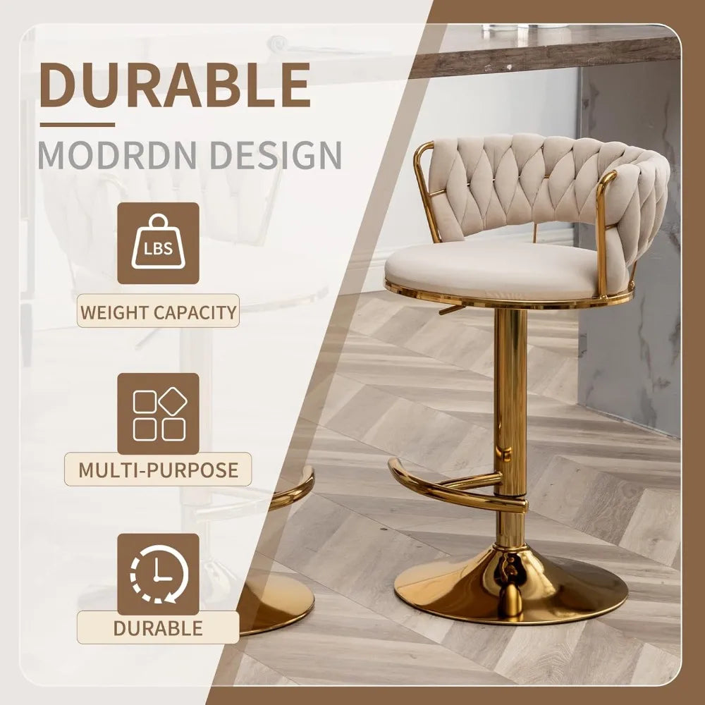 Gold Bar Stools Set of 4, Velvet Swivel Barstools with Woven Backrest, Adjustable Bar Chairs for Kitchen Island, Dining Room