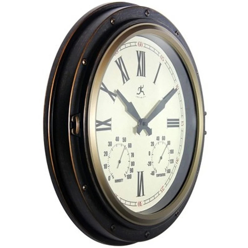 16 Inch Water Resistant Indoor Outdoor Wall Clock with Built-In Hygrometer Thermometer Bronze Finish Easy Read Analog Display