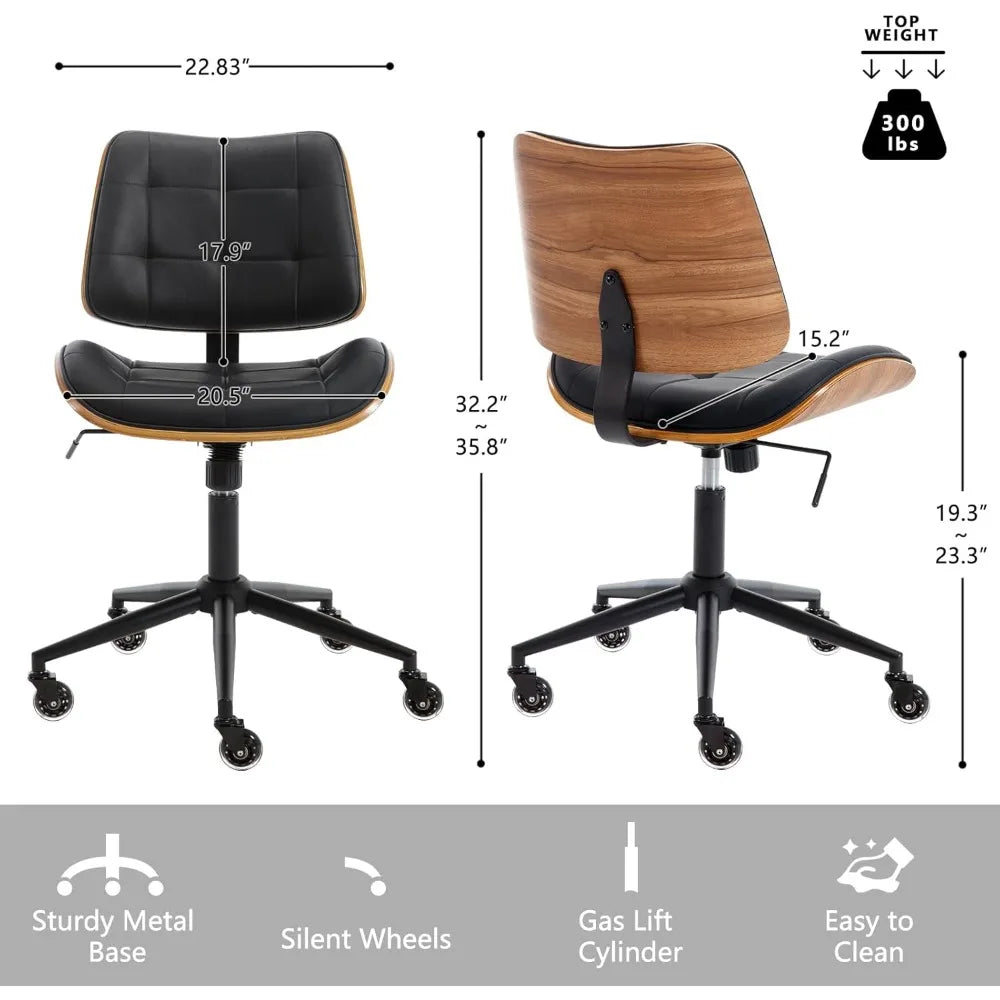 Home Office Desk Chair with Wheels, Adjustable Height Armless Office Chair, PU Leather Mid Back 360° Small Computer Chair, Moder