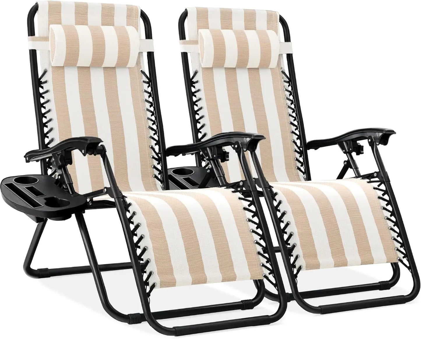 Set of 2 Adjustable Steel Mesh Zero Gravity Lounge Chair Recliners w/Pillows and Cup Holder Trays - Tan Striped