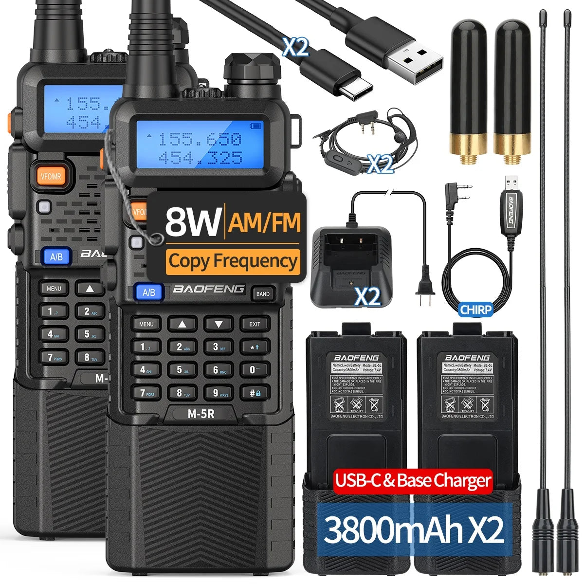 2PCS Baofeng M-5R Walkie Talkie Multi Band Rechargeable 3800mAh Battery UV-5R Ham Radio Handheld Long Range for Hunting Camping