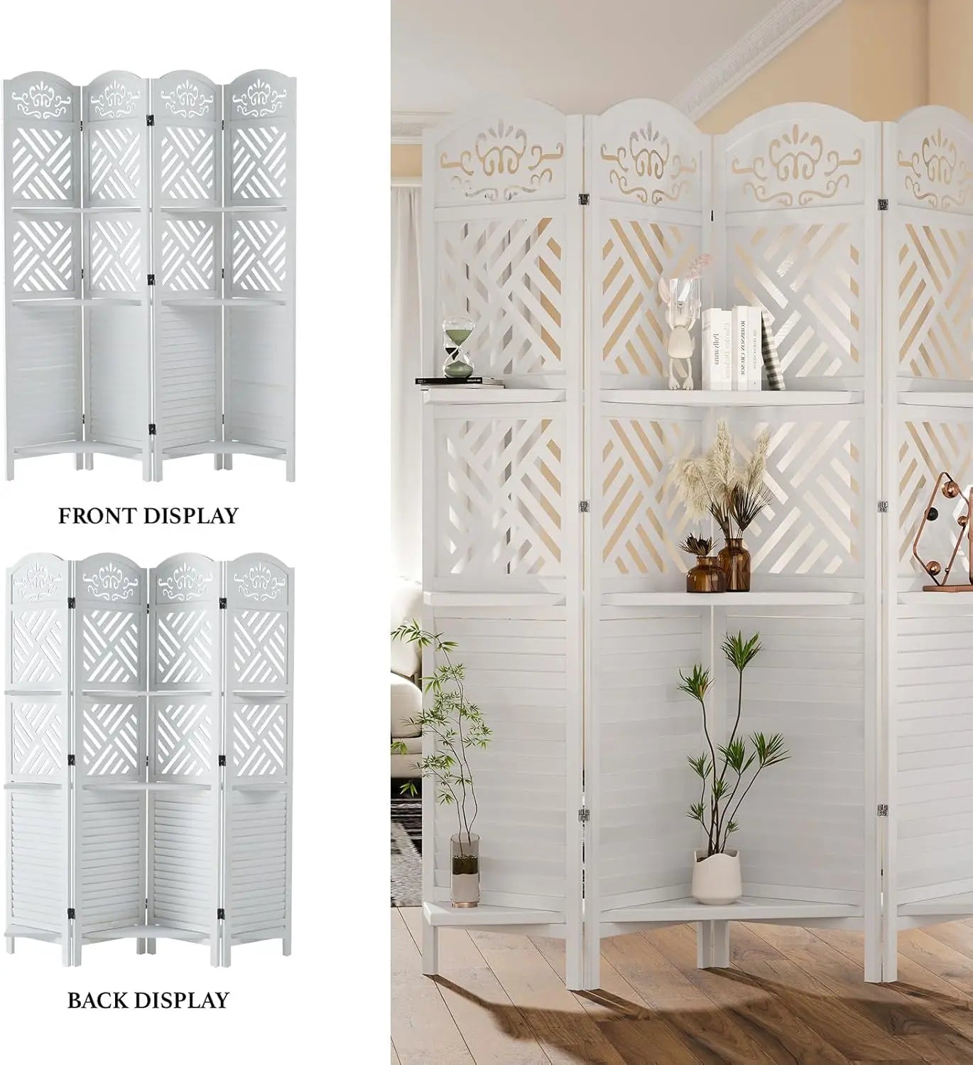 Room Divider with Shelves Folding Wood Carved Screen with Double Hinges for Home Office Bedroom Hotel Decoration 4 Panels