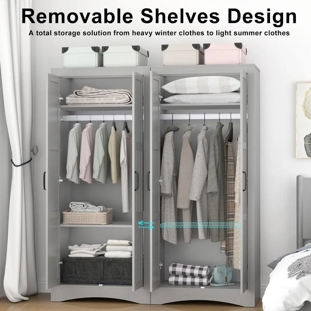 Wardrobe Closet with 4 Doors, Wooden Modern Freestanding Armoire with Shelves and Hanging Rod, Clothes Organizer Cabinet for Bed