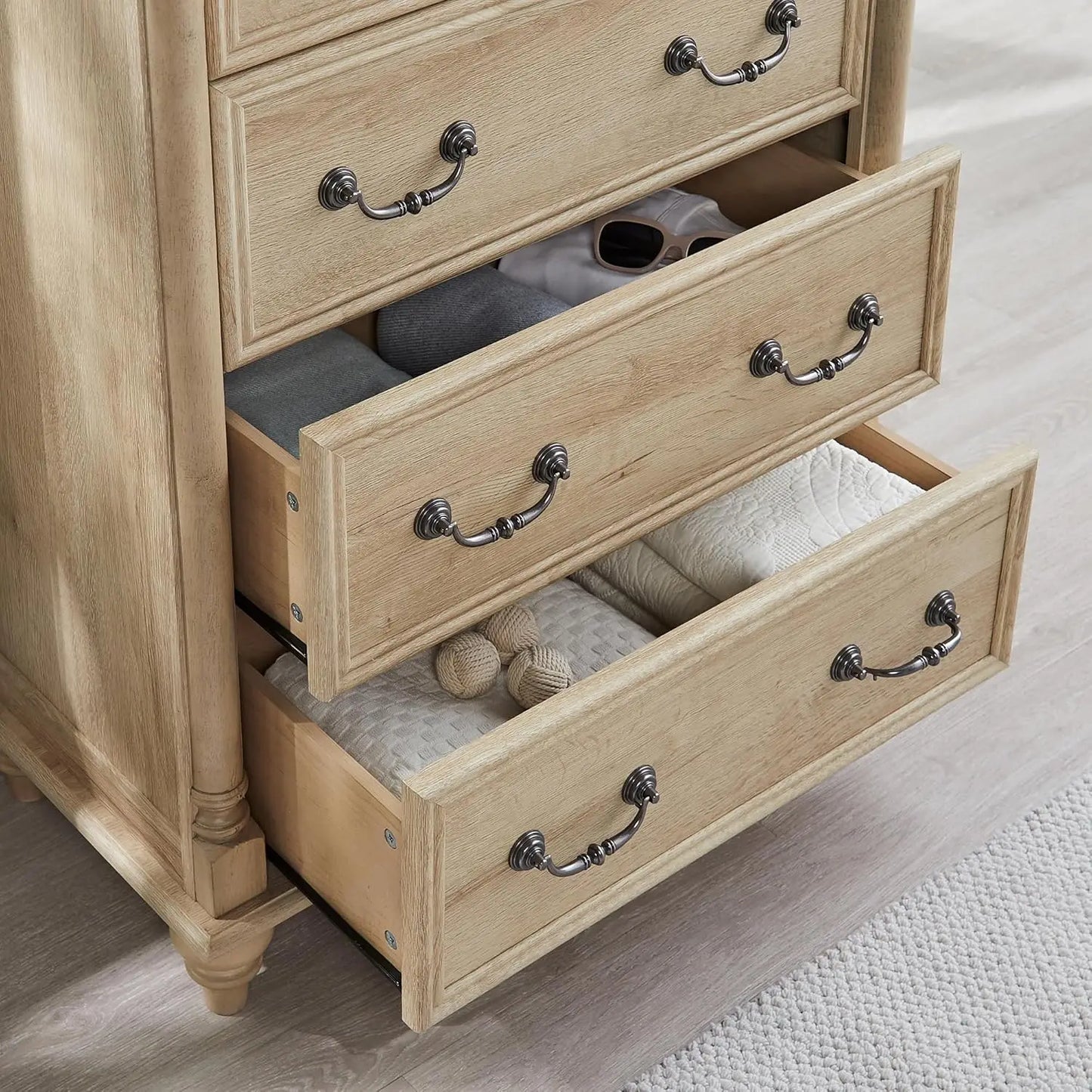 Farmhouse 6 Drawers Dresser Chests for Bedroom w/4 Solid Wood Feet &Column Decor, Tall Wood Rustic Chest of Drawers, Storage