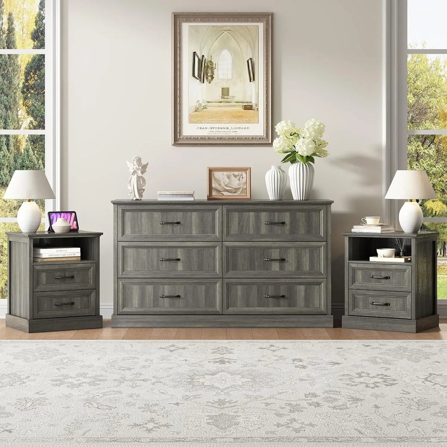 Farmhouse Dresser and Nightstand Sets for Bedroom, 3 Pcs Bedroom Set, 6 Drawer Dresser & Nightstand Set of 2, Modern Wood Chest