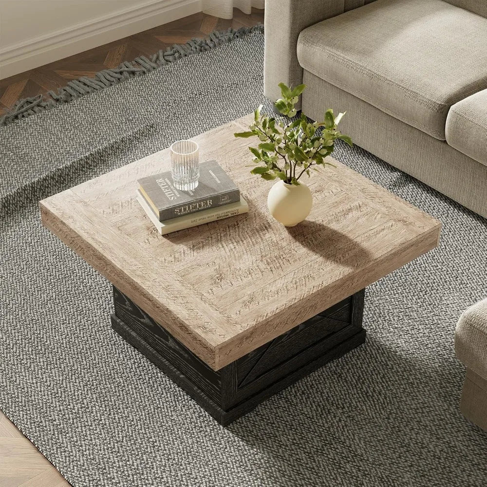 Rustic 31.5 Inch Square Coffee Table with Wooden X Pedestal for Small Spaces