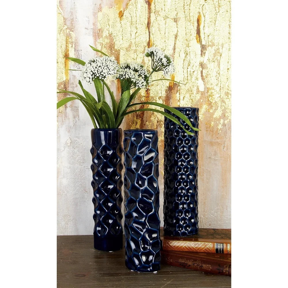 Set of 3 Dark Blue Ceramic Vases Tall Round Cylinder Design Geometric Pattern Stoneware Home Decor Accent Pieces Indoor Use