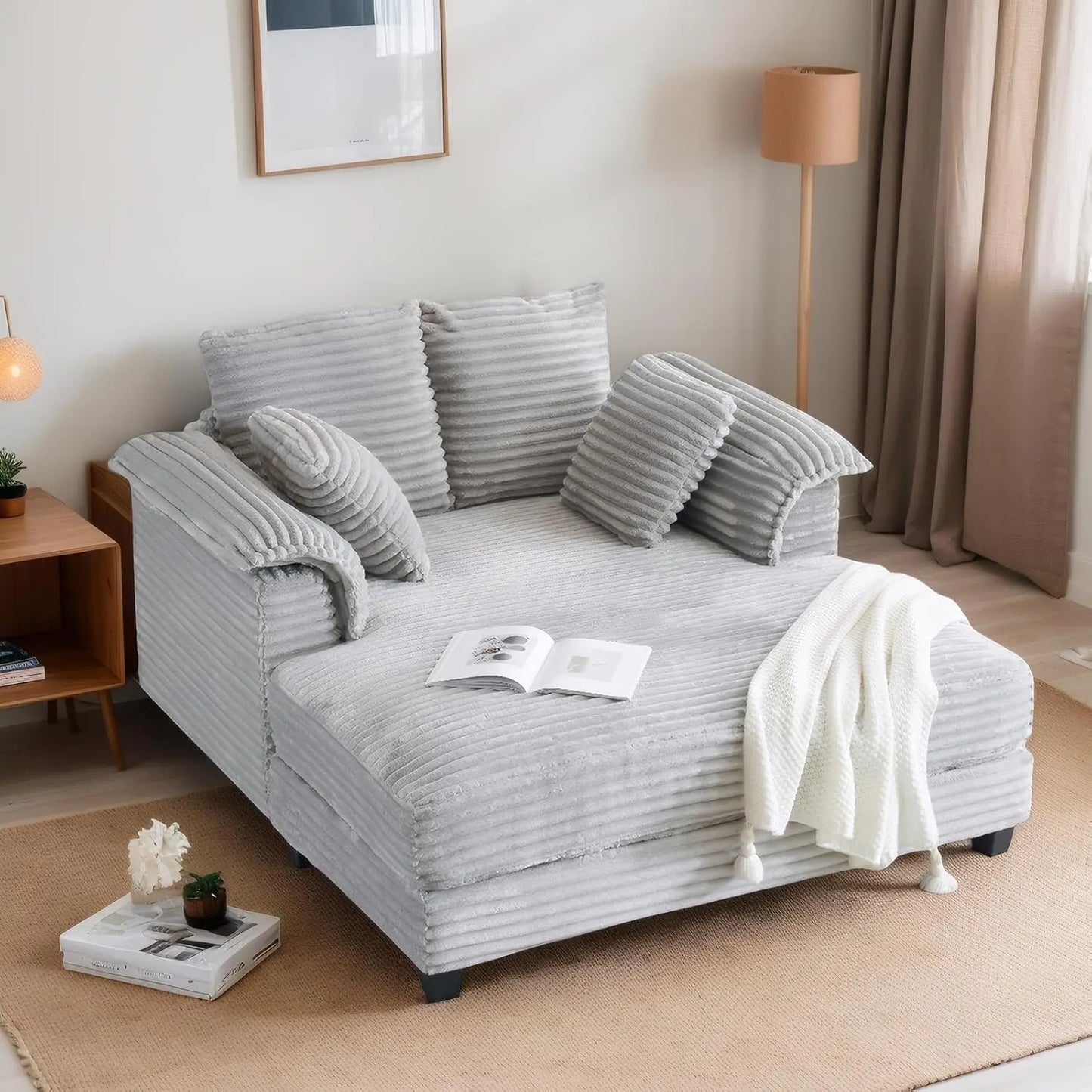 56"Oversized Chaise Lounge Chair,Beige Comfy Corduroy Chaise Sofa Recliner Bed Upholstered Sleeper Couch Bed with Throw Pillows