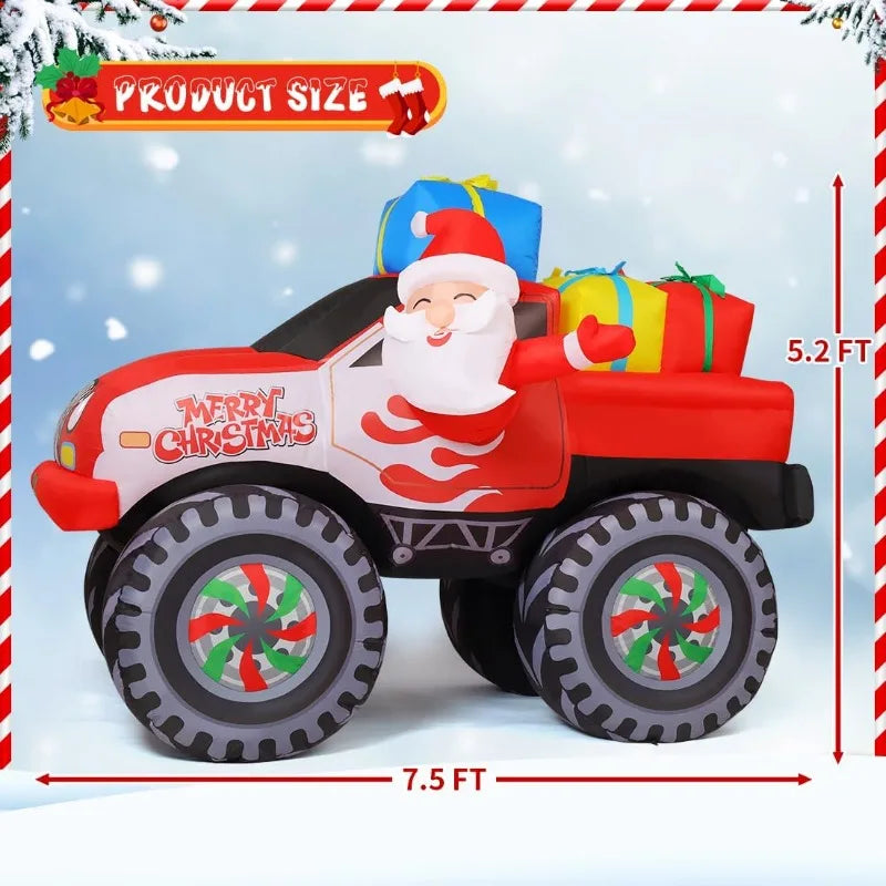 7.5 FT Length Christmas Inflatables Truck Outdoor Decoration Blow Up Santa Claus with Presents on Truck with Built-in LEDs