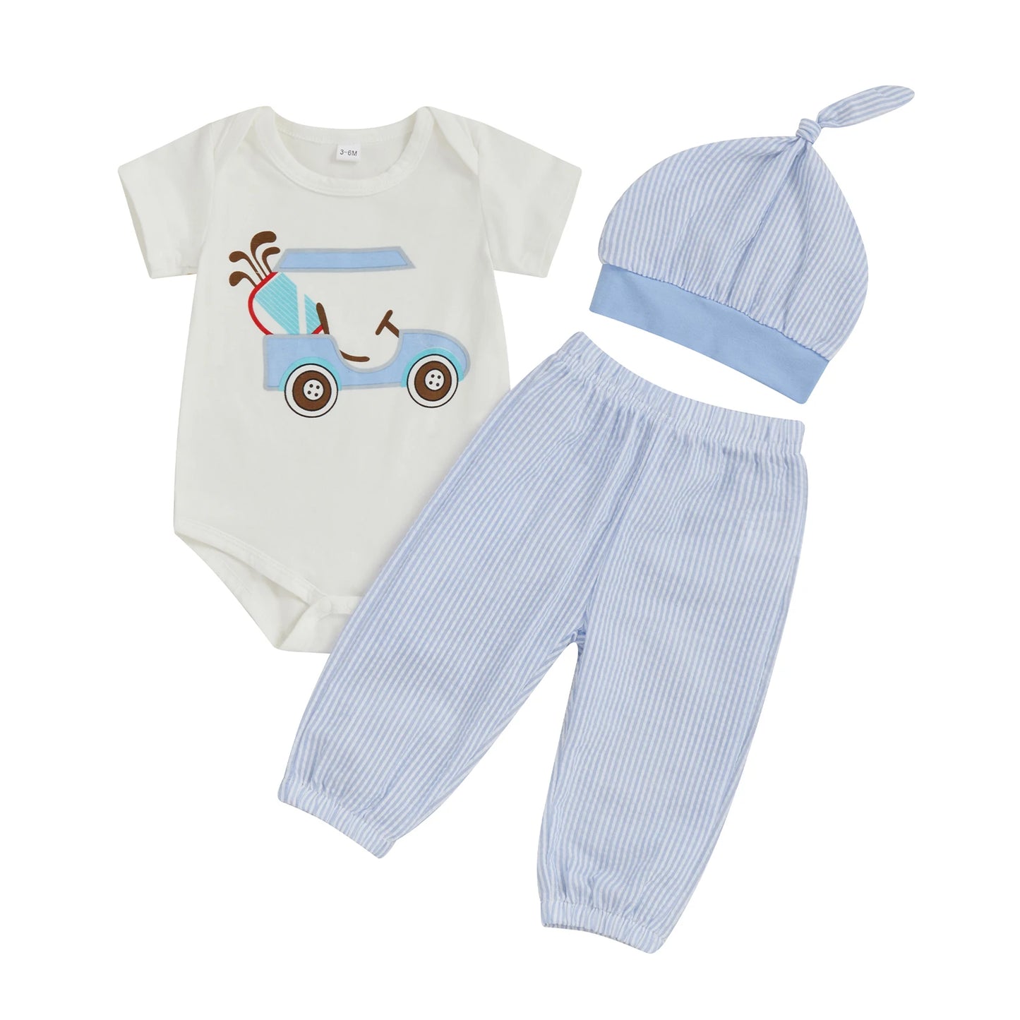 Infant Baby Boys Girls Summer Outfits Golf Cart Print Short Sleeve Romper with Stripe Pants and Hat 3 Pcs Set