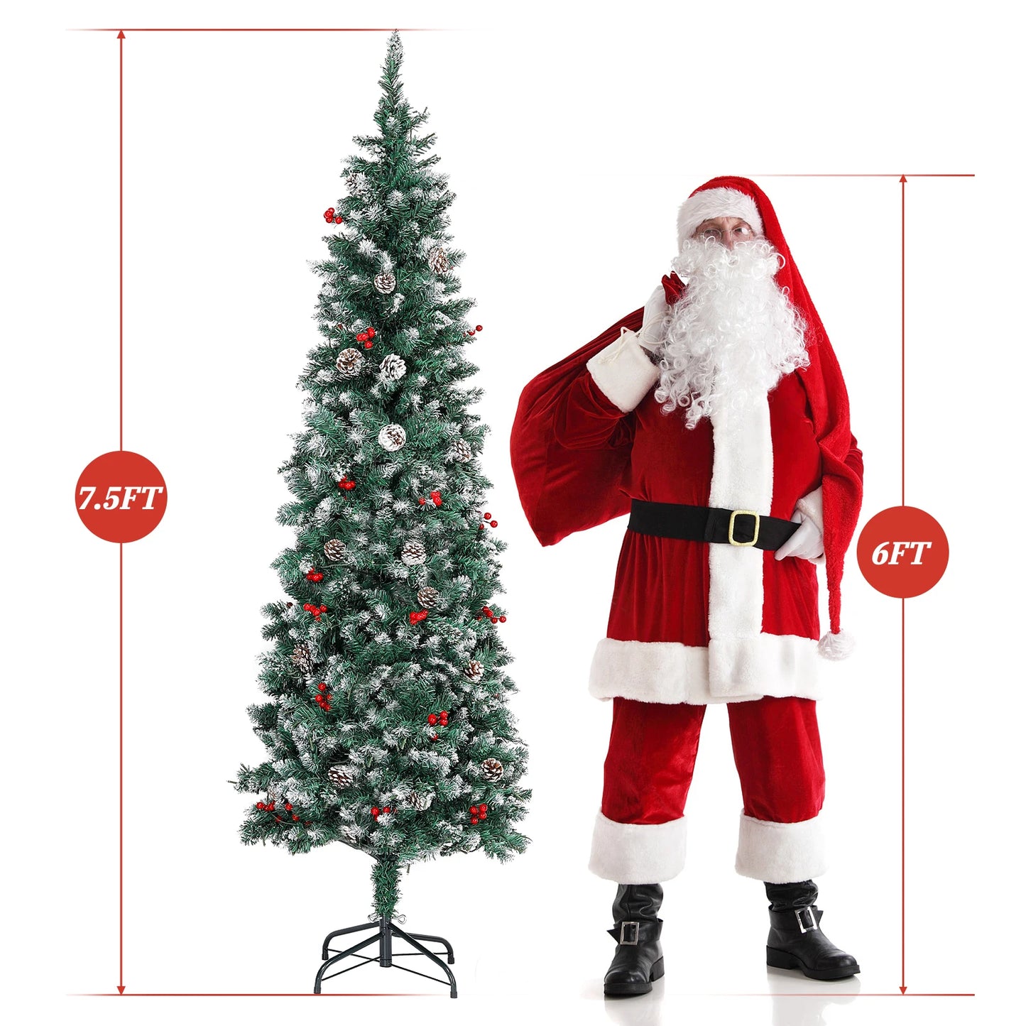 7.5 Ft Pre-Decorated Pencil Christmas Tree Pre-Lit Holiday Tree with Clear Lights Collapsible for Easy Storage 41 Pine cones