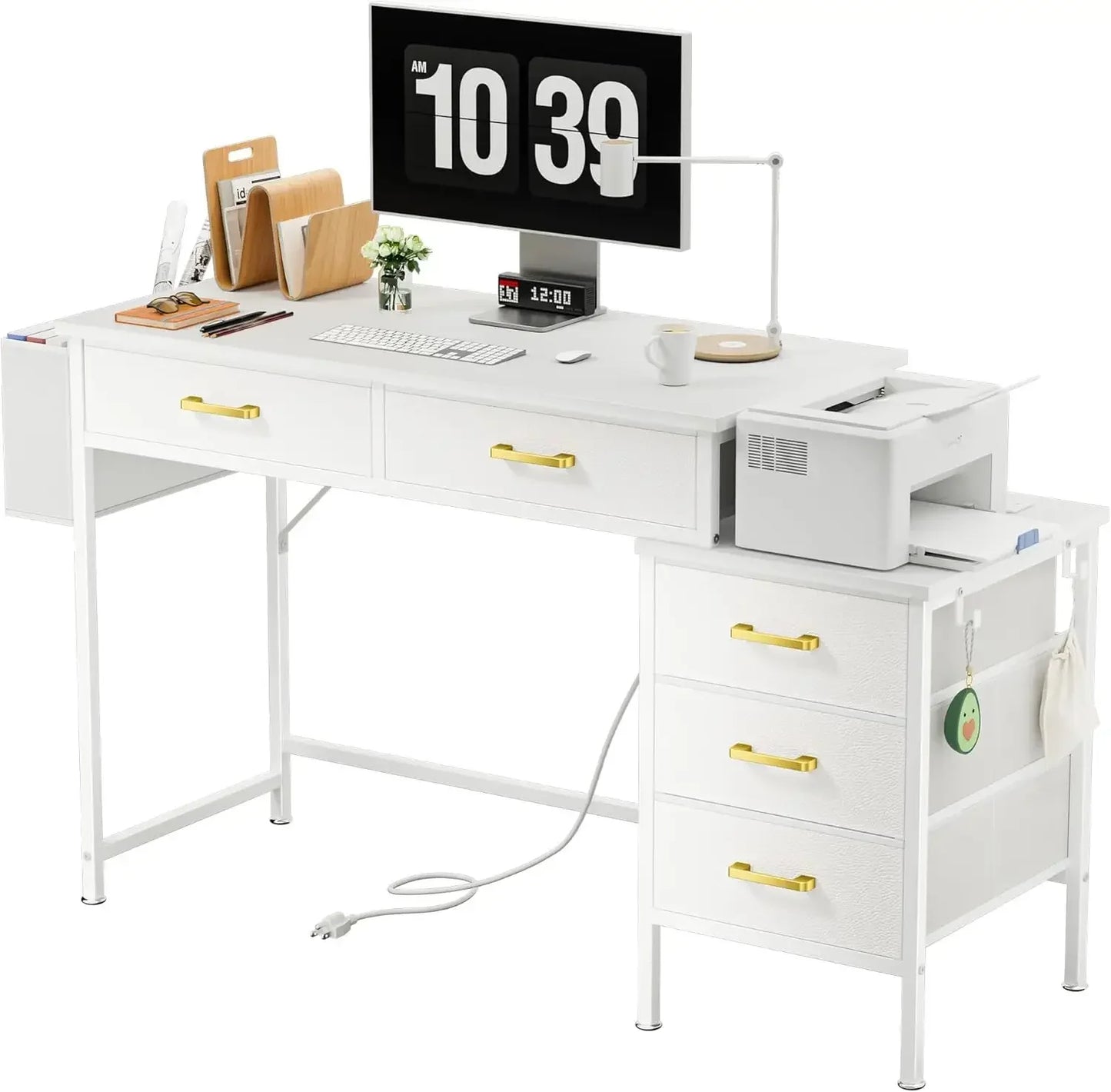 Computer Desk with Charging Station, Home Office Desks with Fabric Drawer File Cabinet Printer Stand, Vanity Desk, White