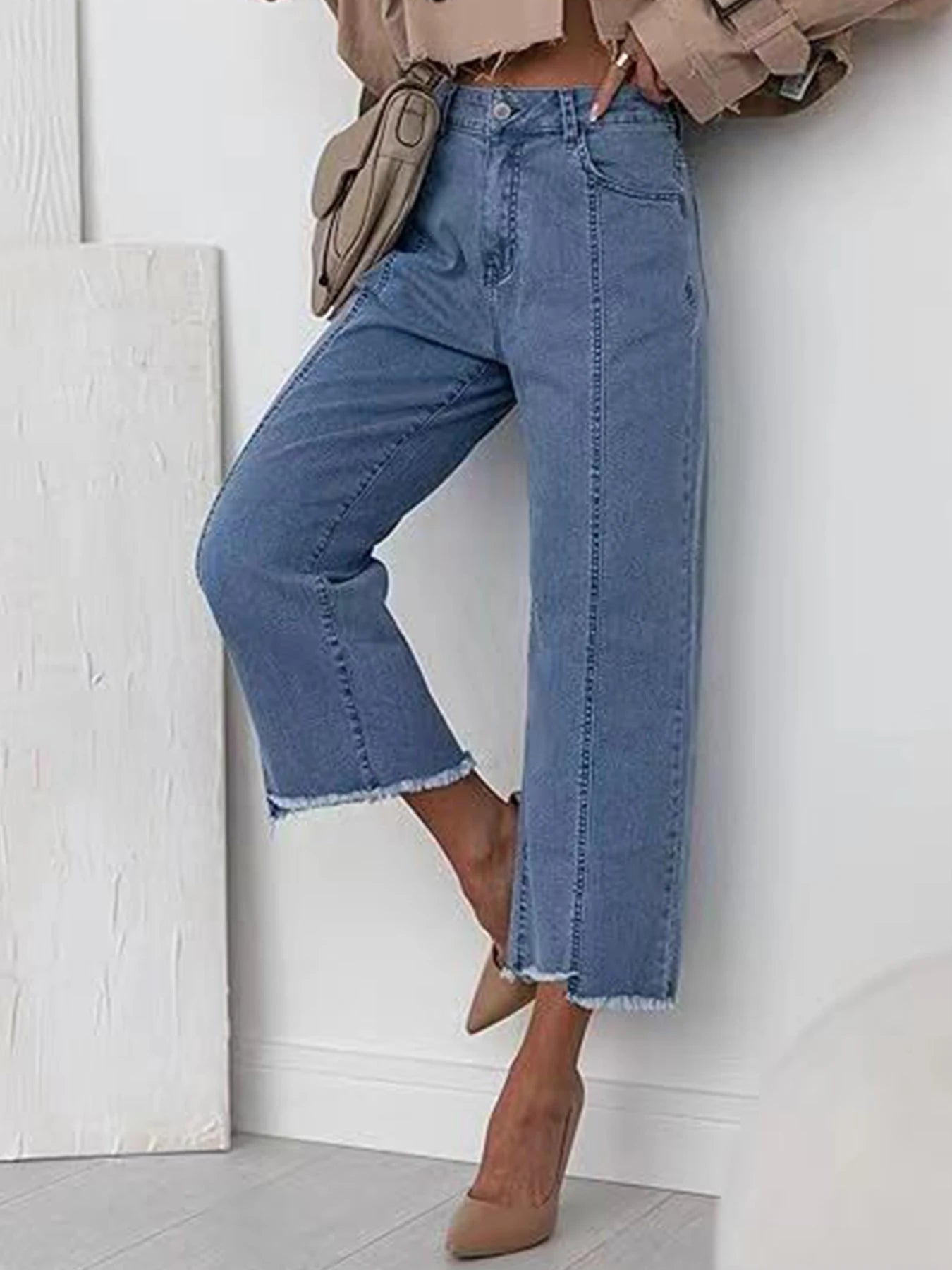 2025 New Personalized Women's Jeans, High Waist Wide Leg Straight Leg Seven Quarter Jeans