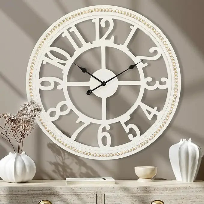 Farmhouse Wall Clock 30 Inch, Large Wall Clock with Boho Beads, Wooden Silent Wall Clocks Battery Operated Easy Read,