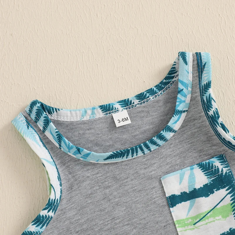 Toddler Baby Boy Shorts Set Leaf Print Sleeveless Tank Tops Elastic Waist Shorts 2 Pcs Summer Outfit