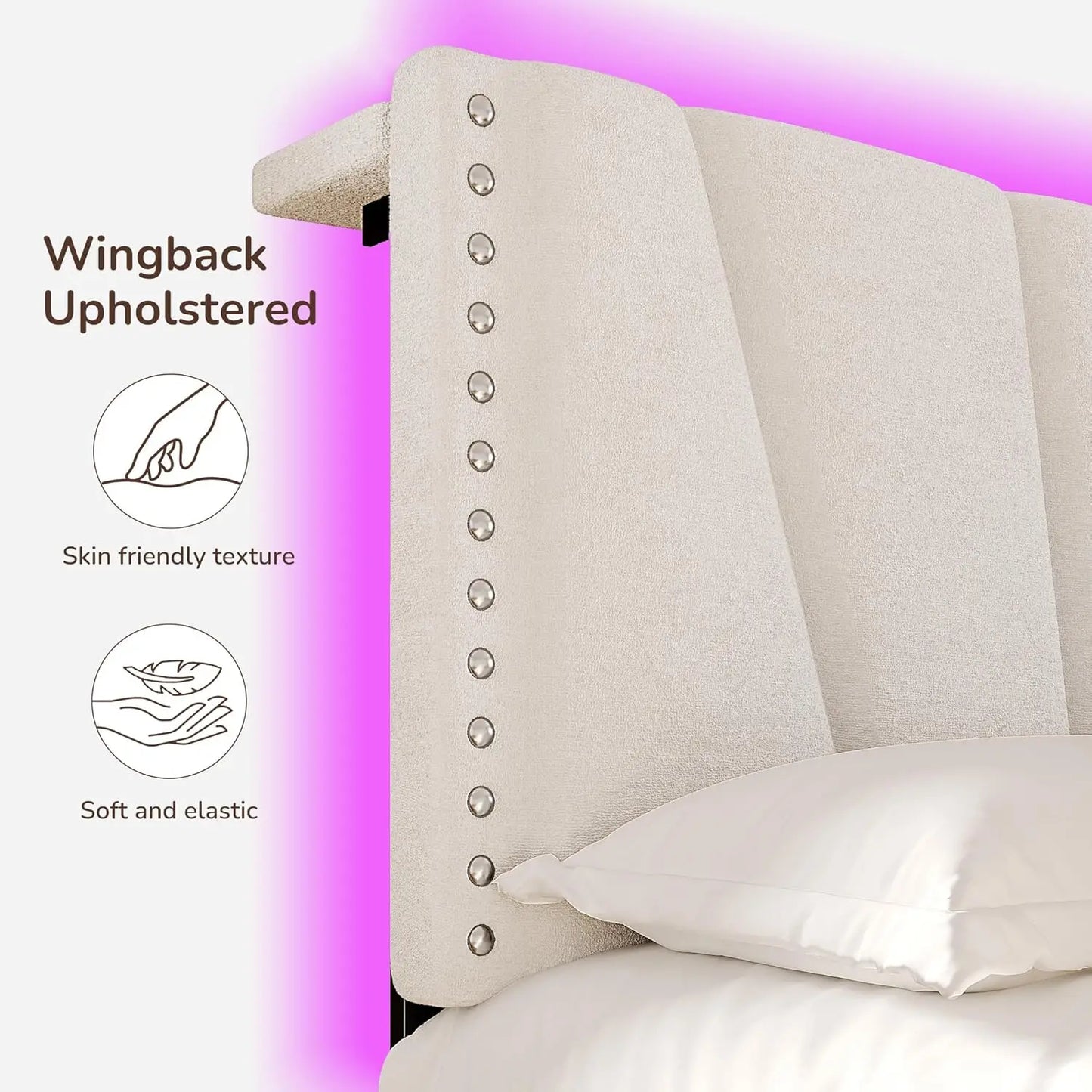 King Size Bed Frame with Velvet Headboard and LED Lights, Storage Headboard Platform Bed with Charging Station