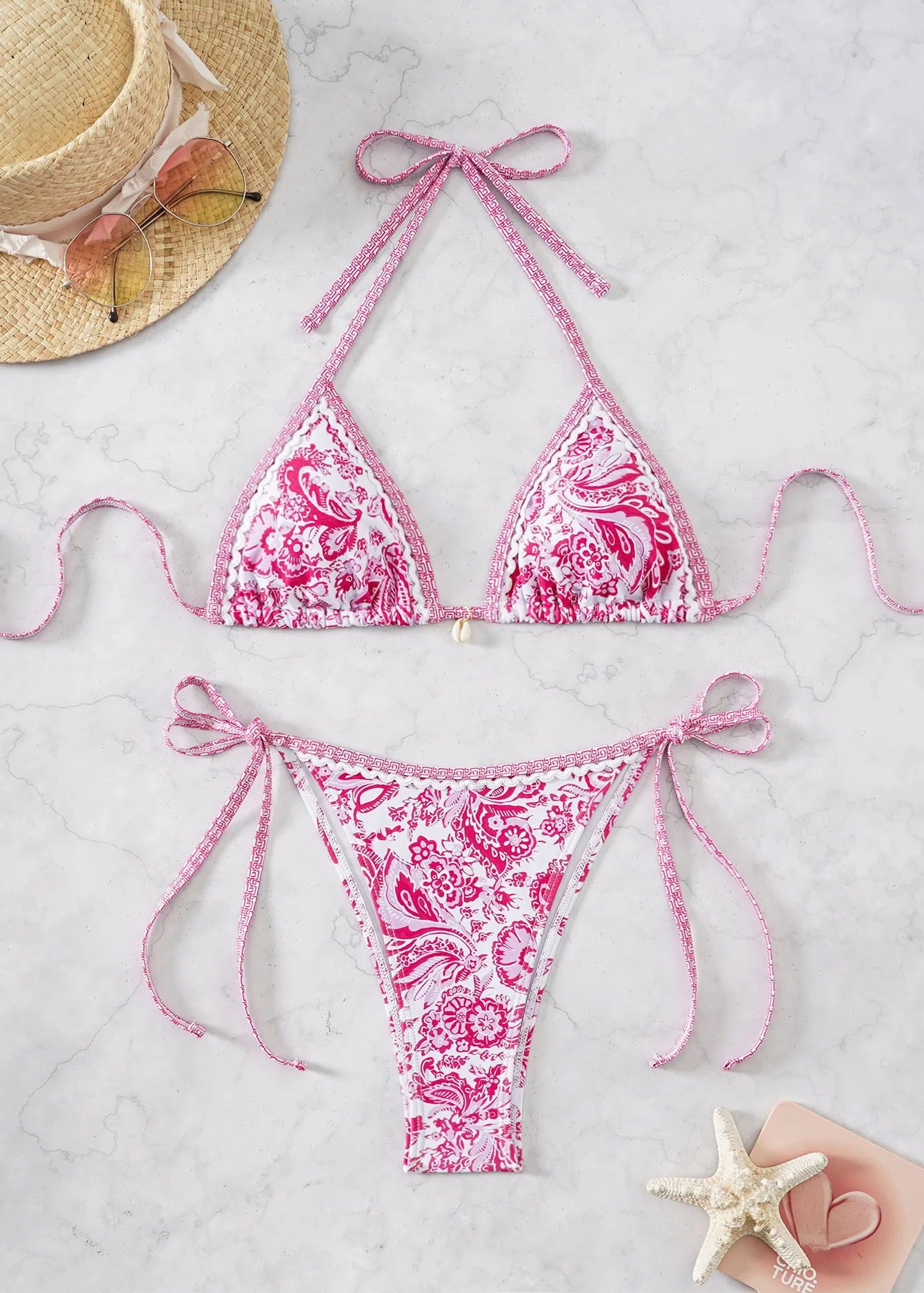 2025 New Summer Swimwear Bikini Set Sexy Print Backless Bikini 2 Piece Set Women Laced Up Split Swimsuit High Waist Beach Bikini