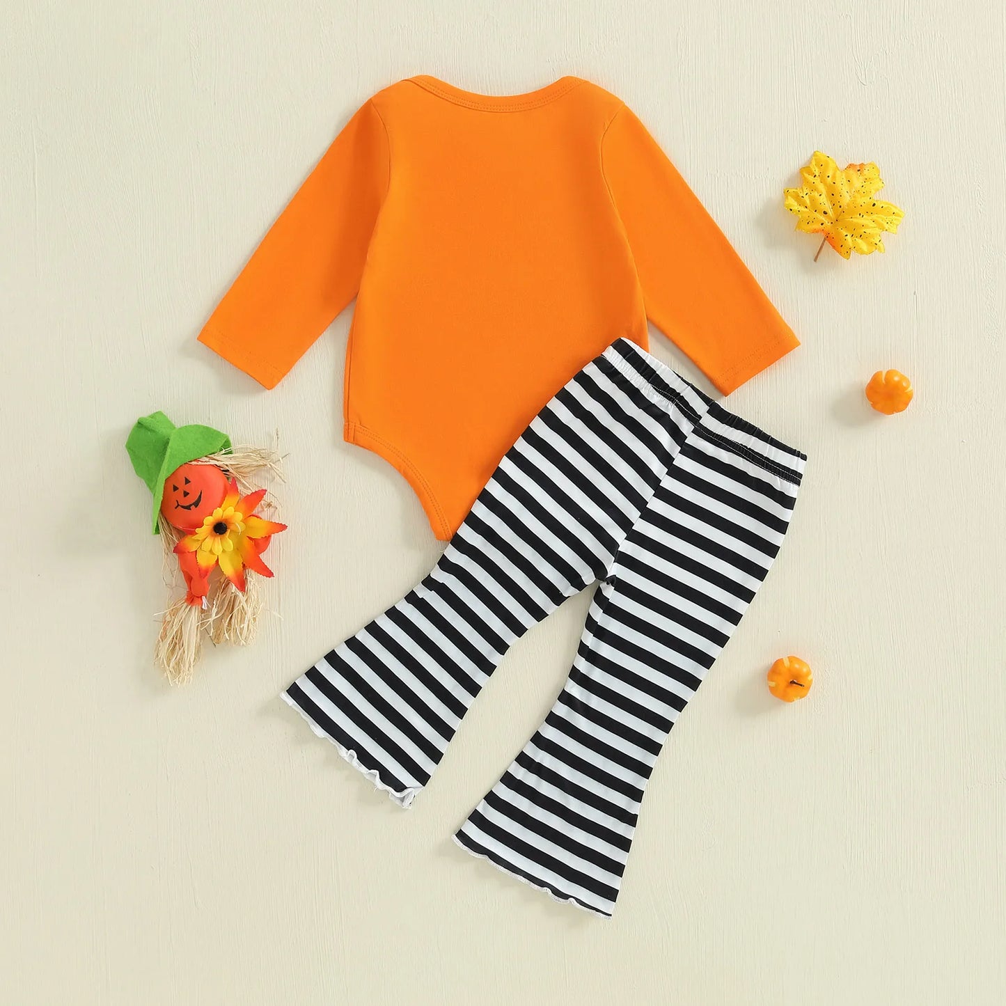 Baby Girl Halloween Bell Bottom Outfit Pumpkin Face Print Long Sleeve Romper + Elastic Waist Stripe Flare Pants 2 Pcs Set