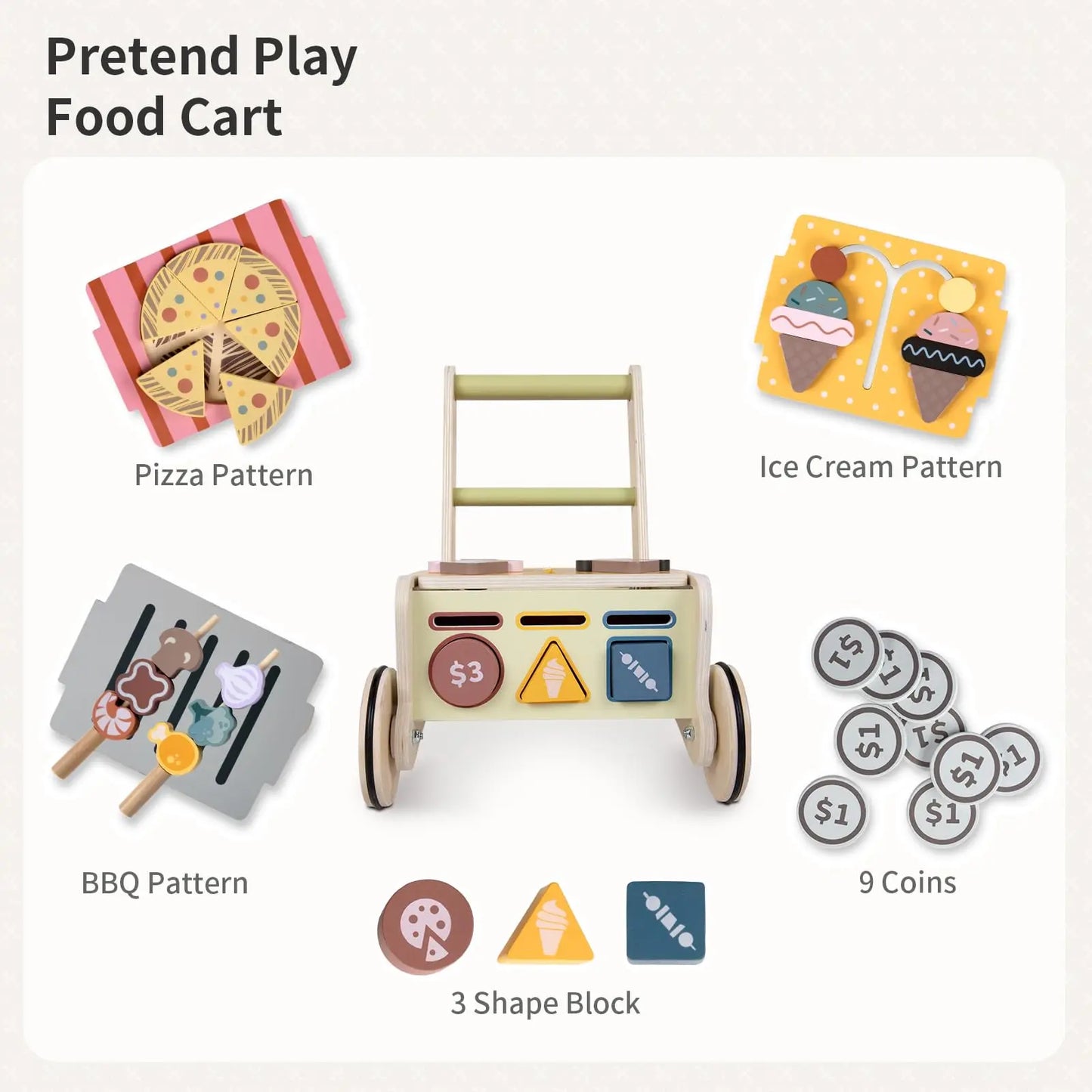Wooden Baby Push Walker, Kids Play Kitchen Shopping Cart, Baby Walking Toys Activity Center For 1 2 Year Old Girl Boys Gifts