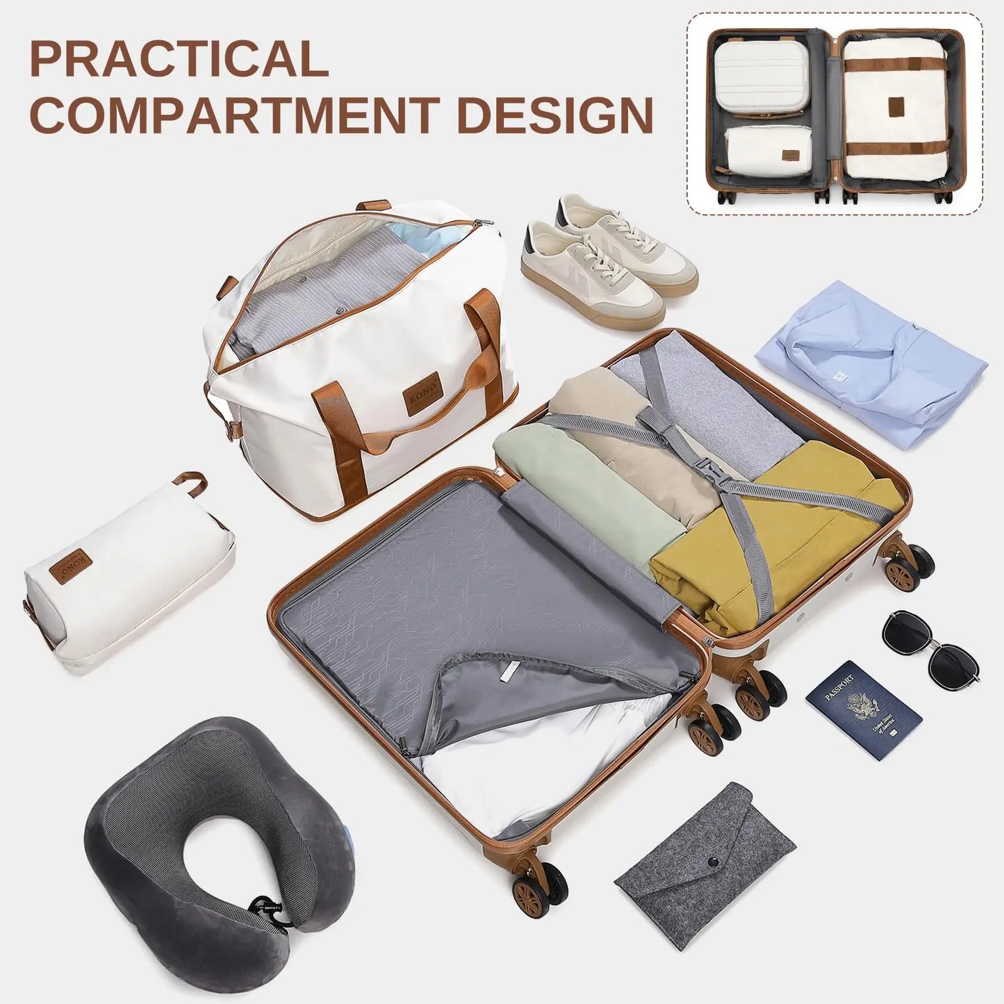 Kono 6-Pc Luggage Set - Lightweight ABS Hardshell with TSA Lock, 20/24/28" Suitcases + Beauty Case & Duffel