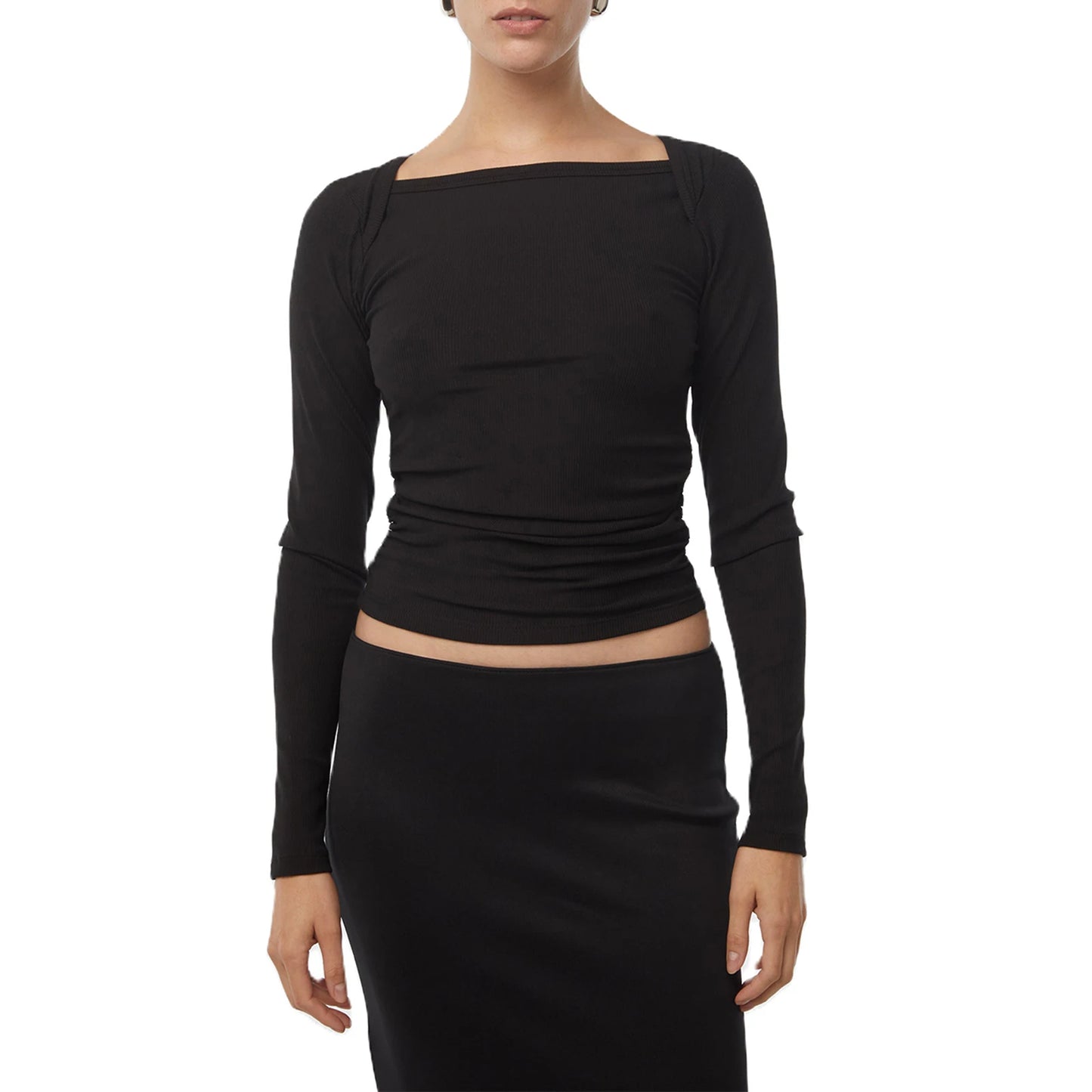 Women Long Sleeve Crop Tops Solid Color Boat-Neck Fit T-Shirts Spring Fall Bottoming Shirts Streetwear