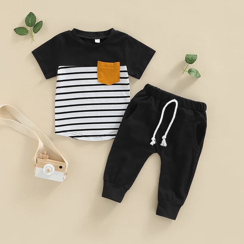 Baby Boys 2 Piece Clothing Set Striped Short Sleeve T-Shirt with Round Neck Solid Color Long Pants Summer Outfit
