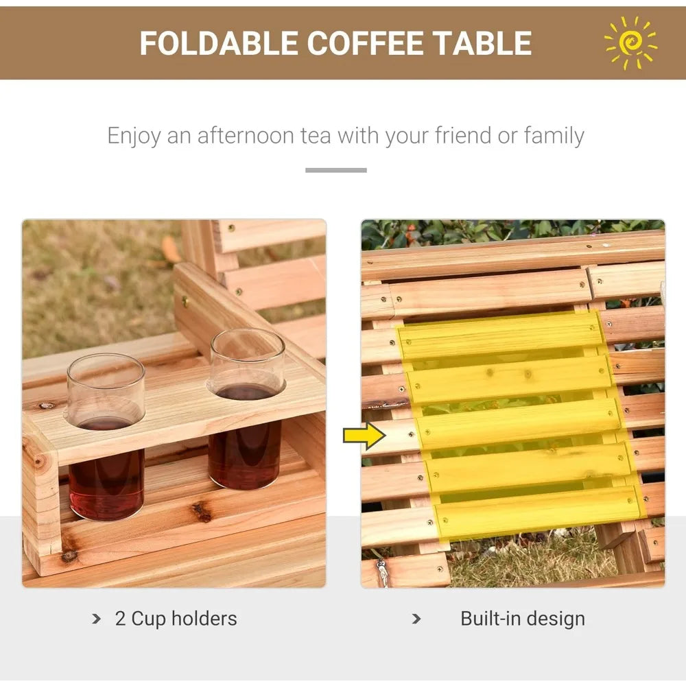 3-Seater Wooden Porch Swing, Patio Swing Bench with Folding Coffee Table, Cup Holders and Chains Included, 440lbs Weight Capaci