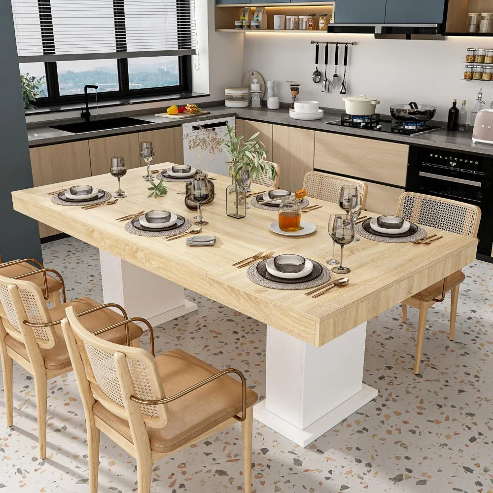 Large 78.7" L Dining Table for 8-10 People, Modern Wood Rectangular Kitchen Table Dinner Table with Pedestal Legs for Dining Ro