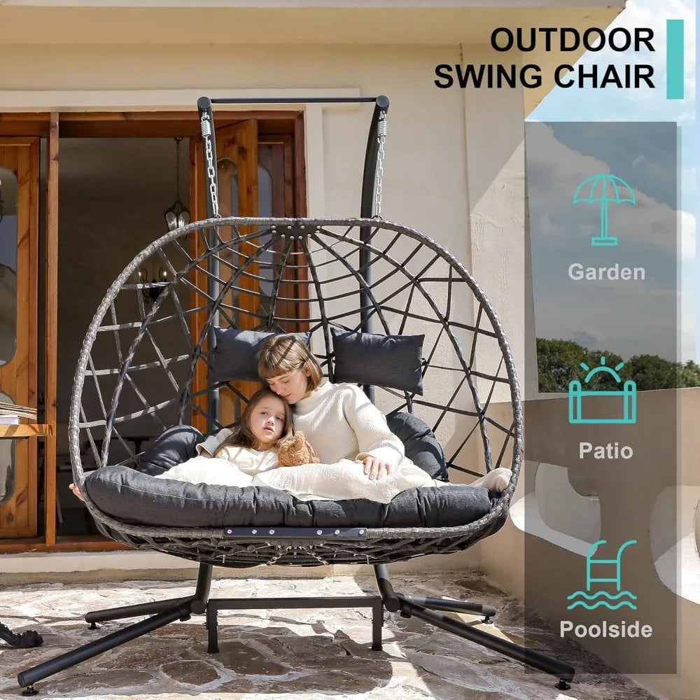 Dark Grey Double Egg Swing Chair w/Stand,2 Person Outdoor Indoor Hammock Hanging Chair with Cushion for Patio Living Room - Best