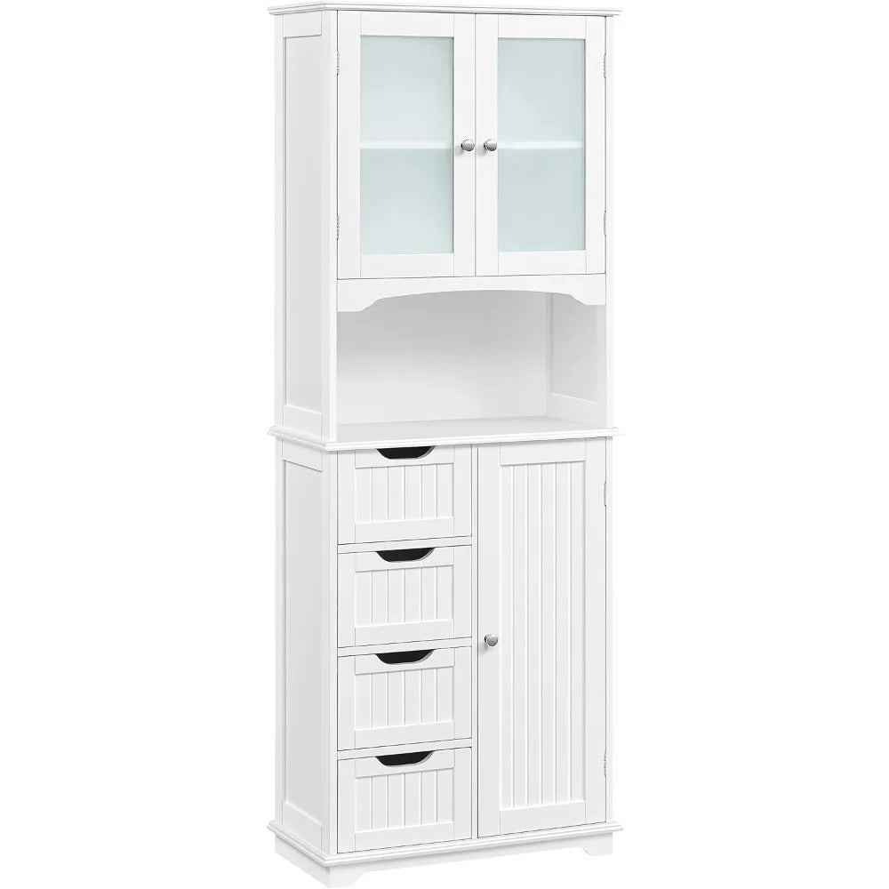 Bathroom Tall Cabinet, Storage Cabinet with 2 Glass Doors, Freestanding Bathroom Cabinet with Open Compartment