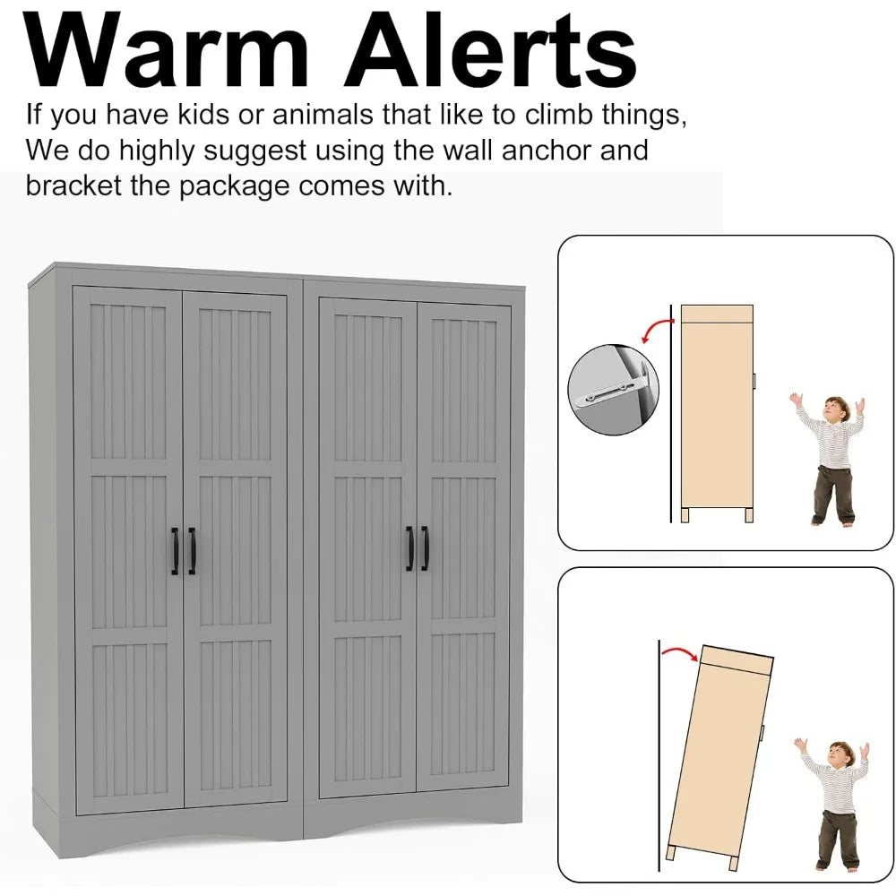 Wardrobe Closet with 4 Doors, Wooden Modern Freestanding Armoire with Shelves and Hanging Rod, Clothes Organizer Cabinet for Bed