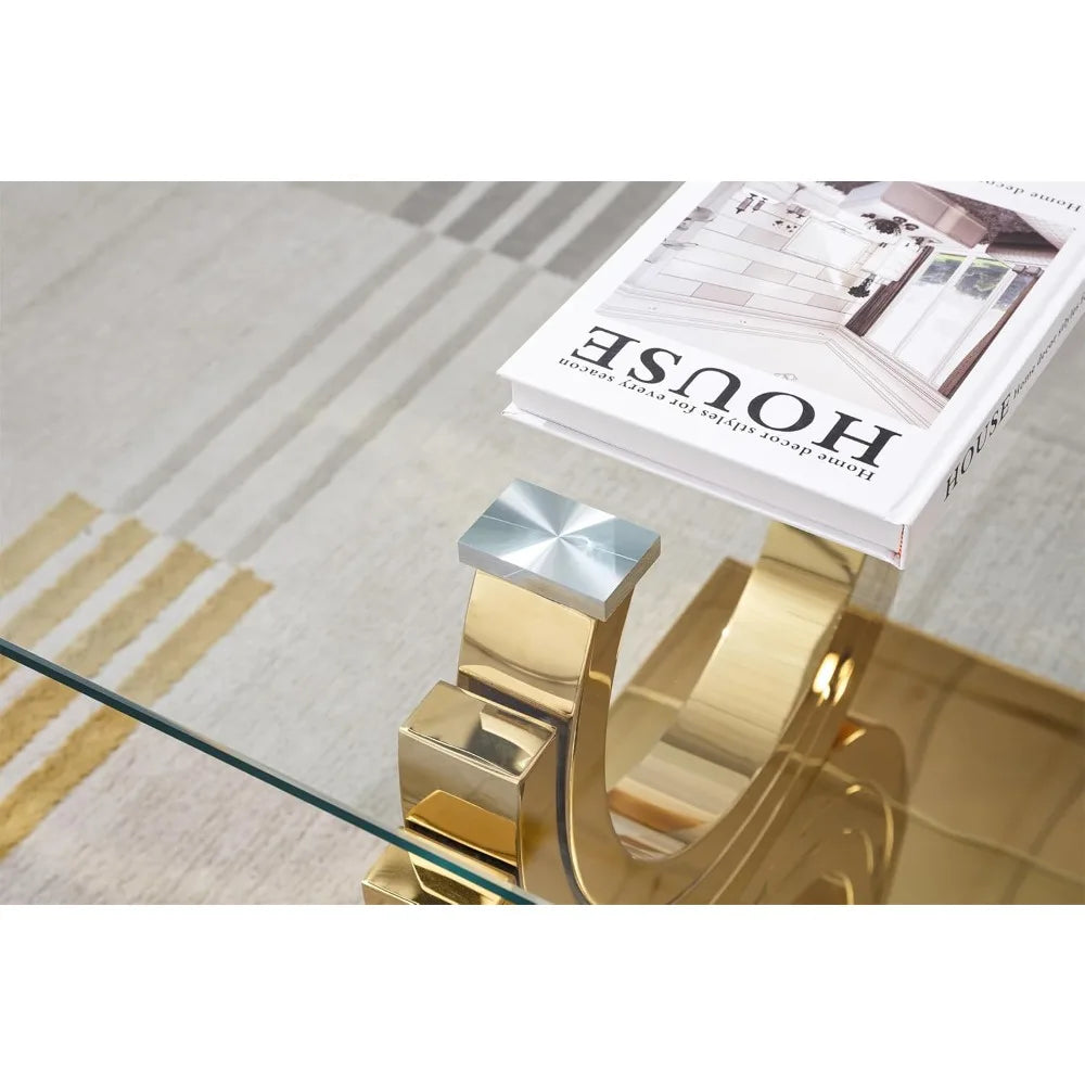Luxury Gold Glass Coffee Table for Living Room Modern 47" Rectangular Center Table with Ring-Shape Mirrored Stainless Steel Base