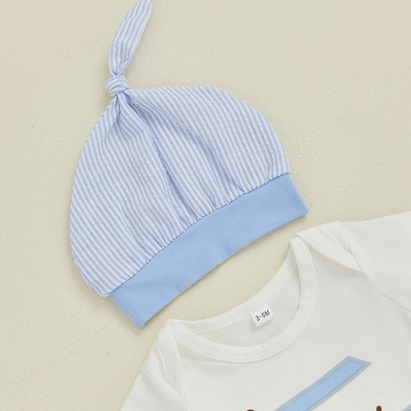 Infant Baby Boys Girls Summer Outfits Golf Cart Print Short Sleeve Romper with Stripe Pants and Hat 3 Pcs Set
