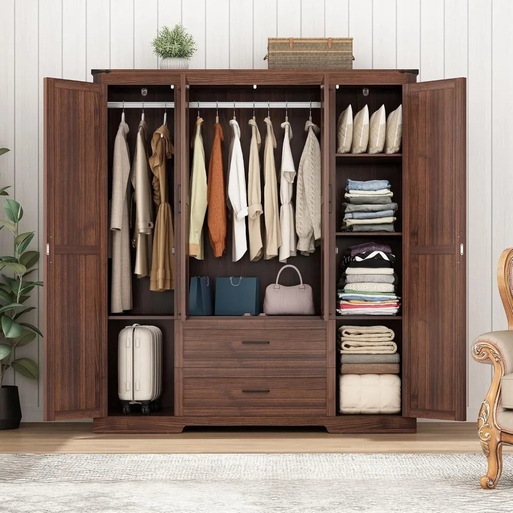 4 Doors Wardrobe Armoire Closet with Doors and Drawers, Farmhouse Wooden Armoire Storage Cabinet with Shelves & Hanging Rod