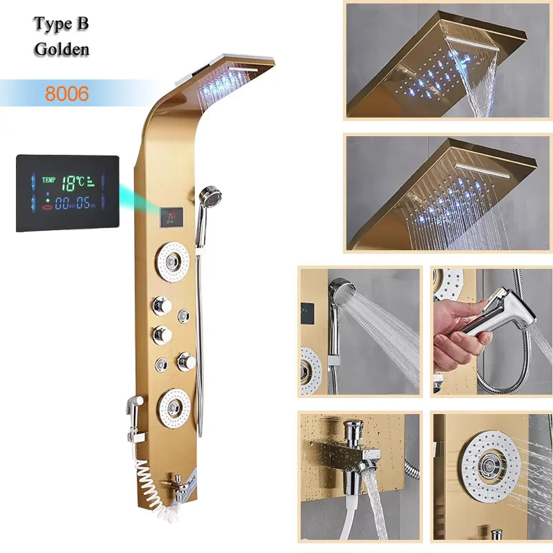 Luxury Bathroom Shower Panel Waterfall Rainfall Shower Head Hot Cold Mixer Tap Bidet Faucet with Handshower Massage Jets Spout