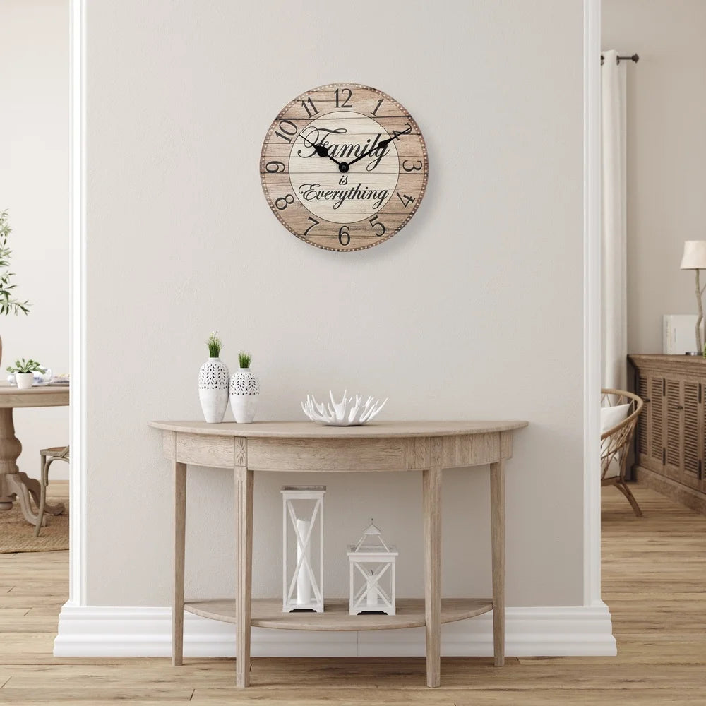 Farmhouse Style 11 Inch Analog Wall Clock Quartz Movement MDF Family Is Everything Inspirational Home Decor Rustic Charm
