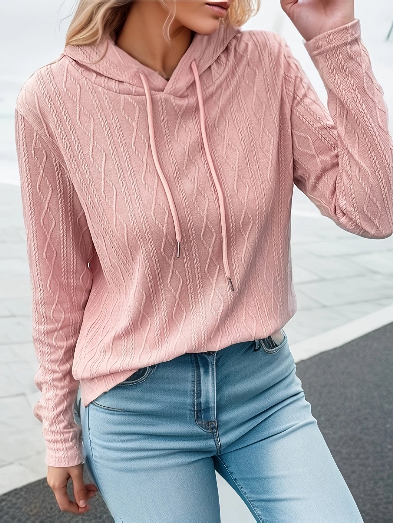 Plus Size Casual Sweater Women's Plus Textured Long Sleeve Drawstring Slight Stretch Hoodie Plus Size Women Clothing