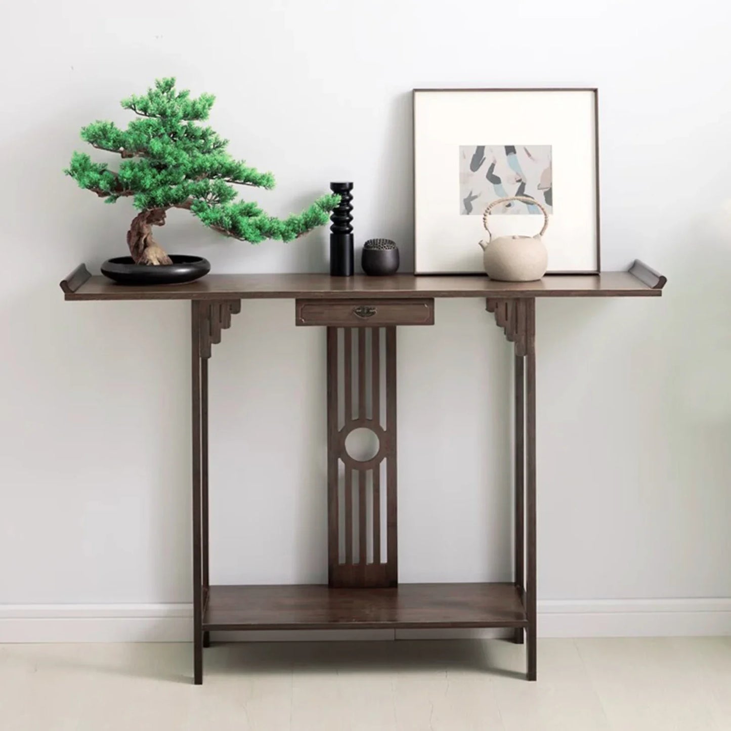 2-Layer Walnut Color Bamboo Entryway Table with Drawer & Storage Shelf, 800 Lbs Capacity Console Table for Living Room, Hallway