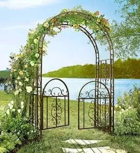 Arch Metal Outdoor Garden Arbor Double Gate,Montebello,7 Feet Tall,Gunmetal Black,Trellis Lattice Climbing Plants