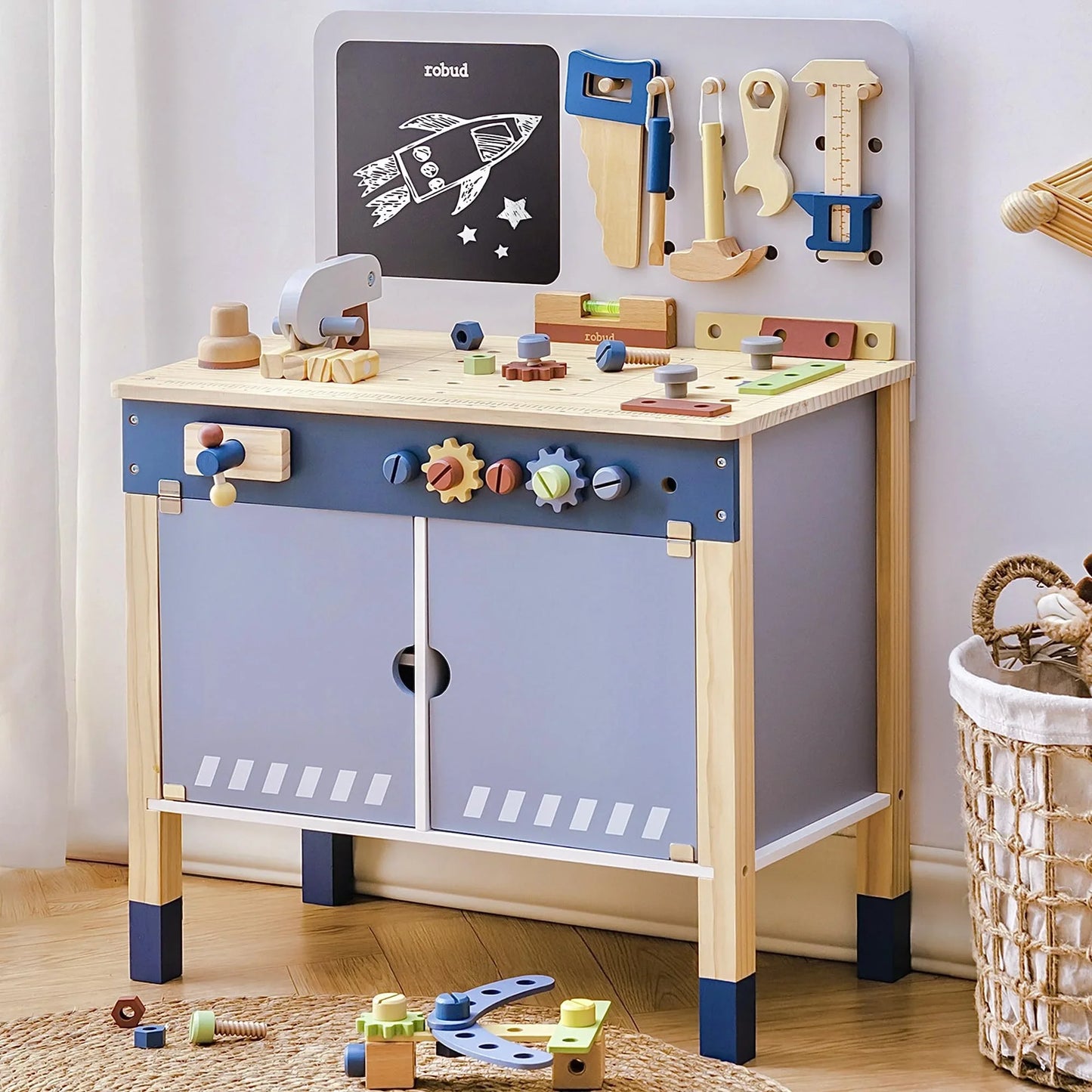 Robotime Robud Wooden Toy Workbench Large Kid's Wooden Play Tool Pretend Play Creative Building Set Gift for Girls & Boys 3+